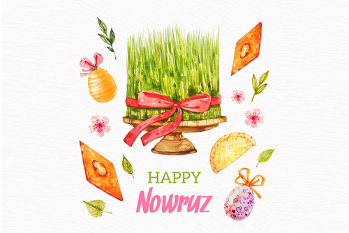 وکتور EPS و Ai هفت سین شامل سبزه و تخم مرغ رنگ شده ویژه عید نوروز